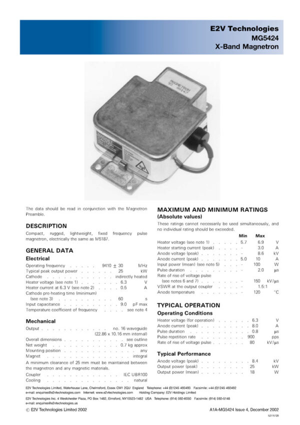 EEV MG5424 MAGNETRON FOR RADAR - Image 3