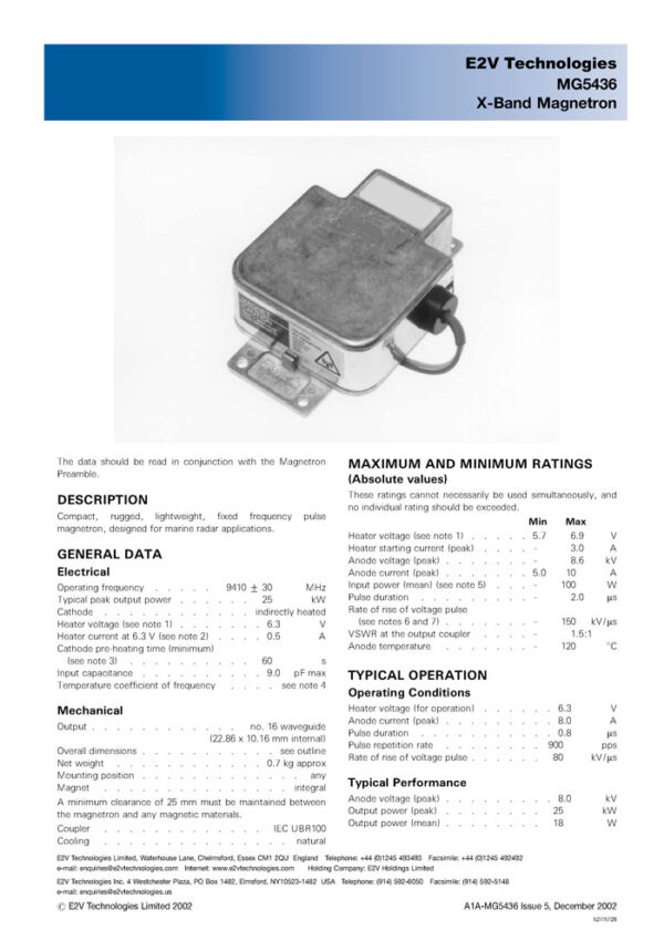 EEV MG5436 MAGNETRON FOR RADAR - Image 2