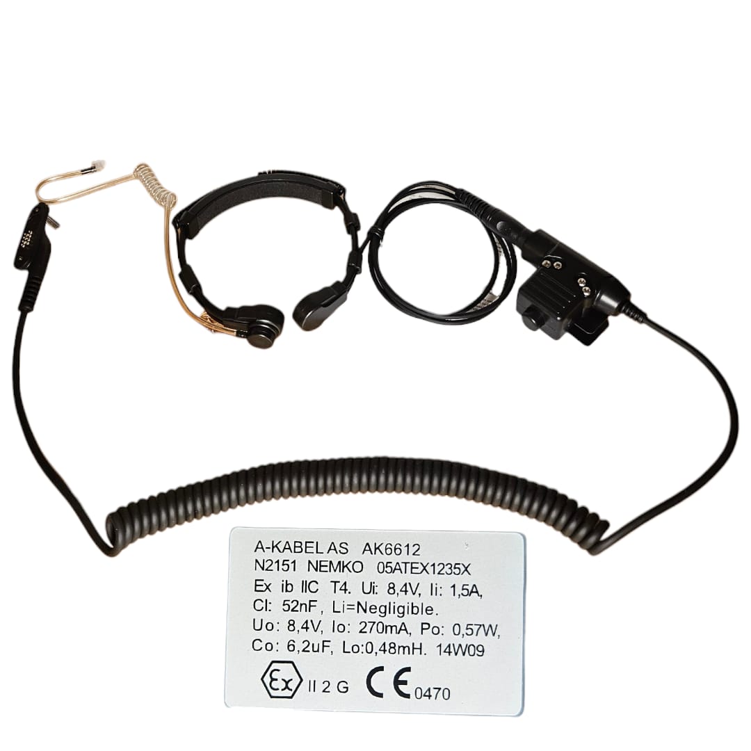 a-kabel atex headset with ptt unit, throat type microphone for nippon lambda radio, atex fire fight purpose.